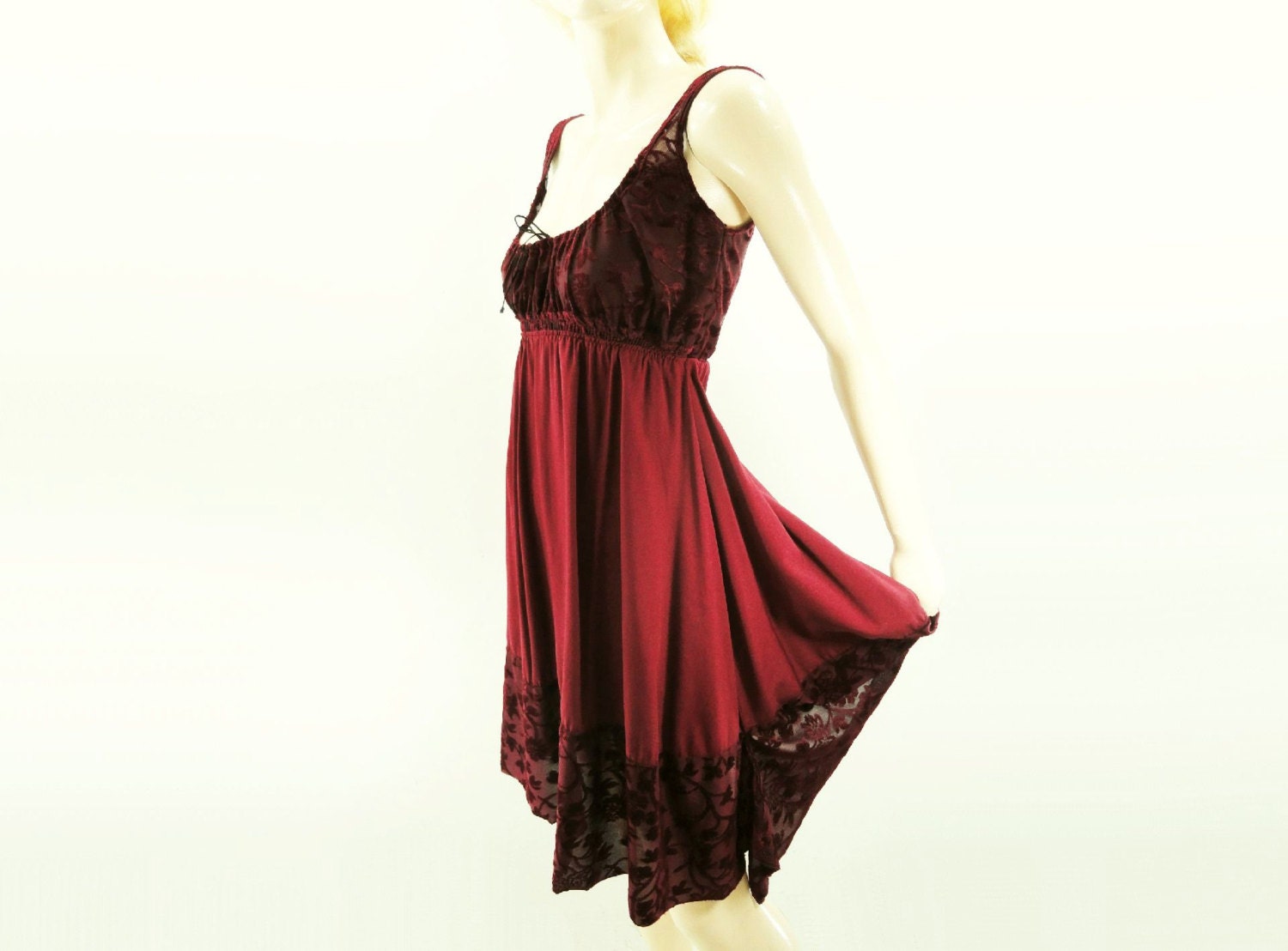 Burgundy Vintage Dress Cut Velvet Elizabethan Empire Waist  s