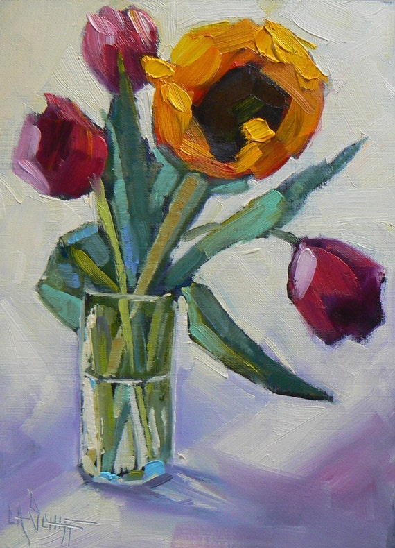 Painting on Sale, Floral Still Life, Daily Painting, Sunflower Painting, Tulip Painting, 6x8" Oil Still Life, Reduced from 119.95