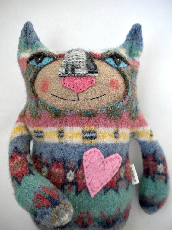 Striped Cat Stuffed Animal from Wool Sweater Felted Repurposed