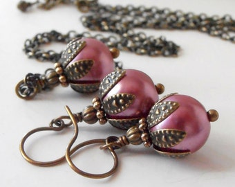 Rose Pink Bridesmaid Jewelry, Pearl Necklace and Earring Set, Vintage Style Weddings, Rosewood CLEARANCE SALE