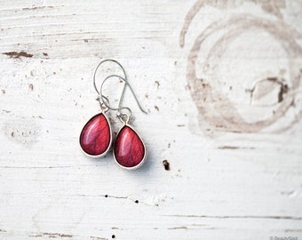 Red rose earrings - Silver Teardrop earrings - Red drop earrings - Ruby red silver earrings - Red earrings - Red flower earrings (E125)