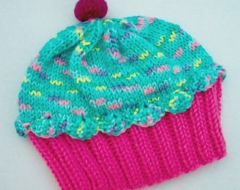 Handmade hand knit Cupcake Hat with Cherry on Top Raspberry Watermelon Cake Mint Sprinkle Frosting