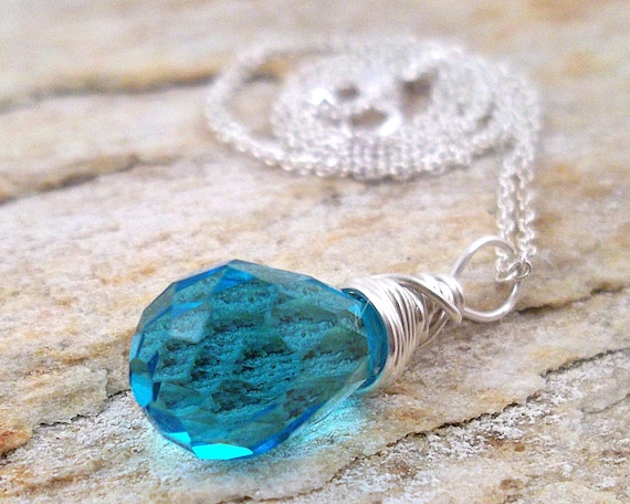 Elegant Sky Blue Crystal Teardrop Necklace, Wire Wrapped with Sterling Silver