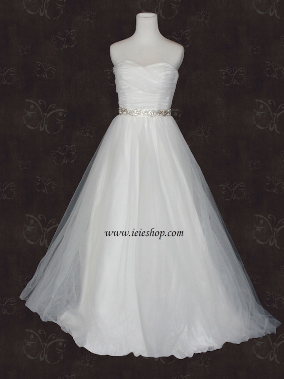 Simple Strapless Ivory Tulle A-line Wedding Gown with Ruched