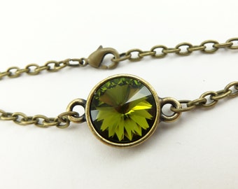 Olive Green Bracelet Antiqued Brass Chain Bracelet Olive Green Crystal Bracelet Modern