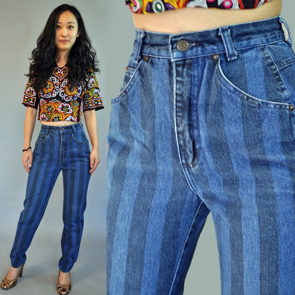 Vintage 80s Jeans High Waisted Mom Jeans / Striped Denim ZENA