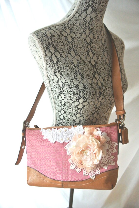 Coach purse shabby embellished handbag pink cottage floral