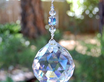 Large Crystal Prism Suncatcher, Window Decoration, Sun Catcher, Home Decor, Clear With Blue Hanging Crystal, Unique Rainbow Maker