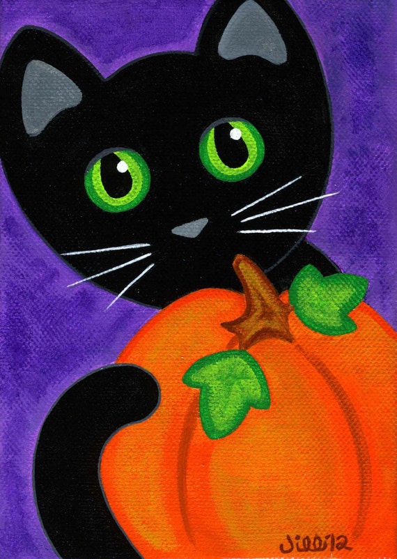 Original Canvas Folk Art PAINTING Black CAT & PUMPKIN Fall