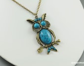 Vintage Owl Necklace Faux Turquoise & Brass