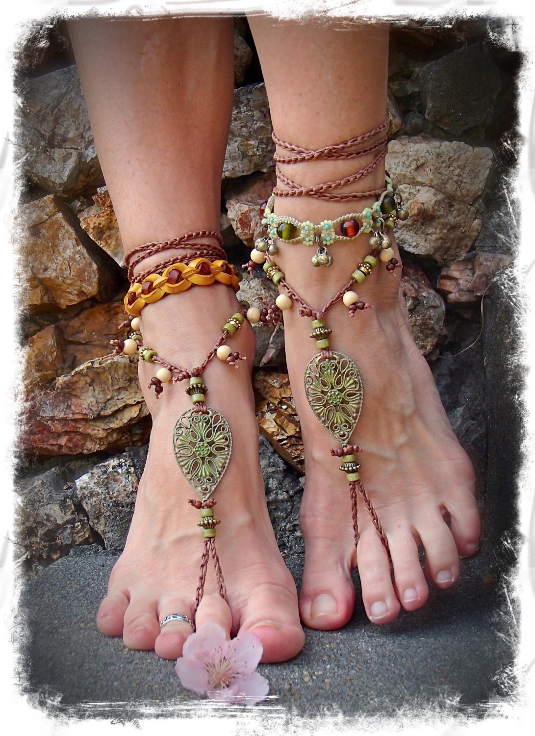 Woodland FAIRY BAREFOOT sandals Pea Green Tribal ANKLETS Gypsy