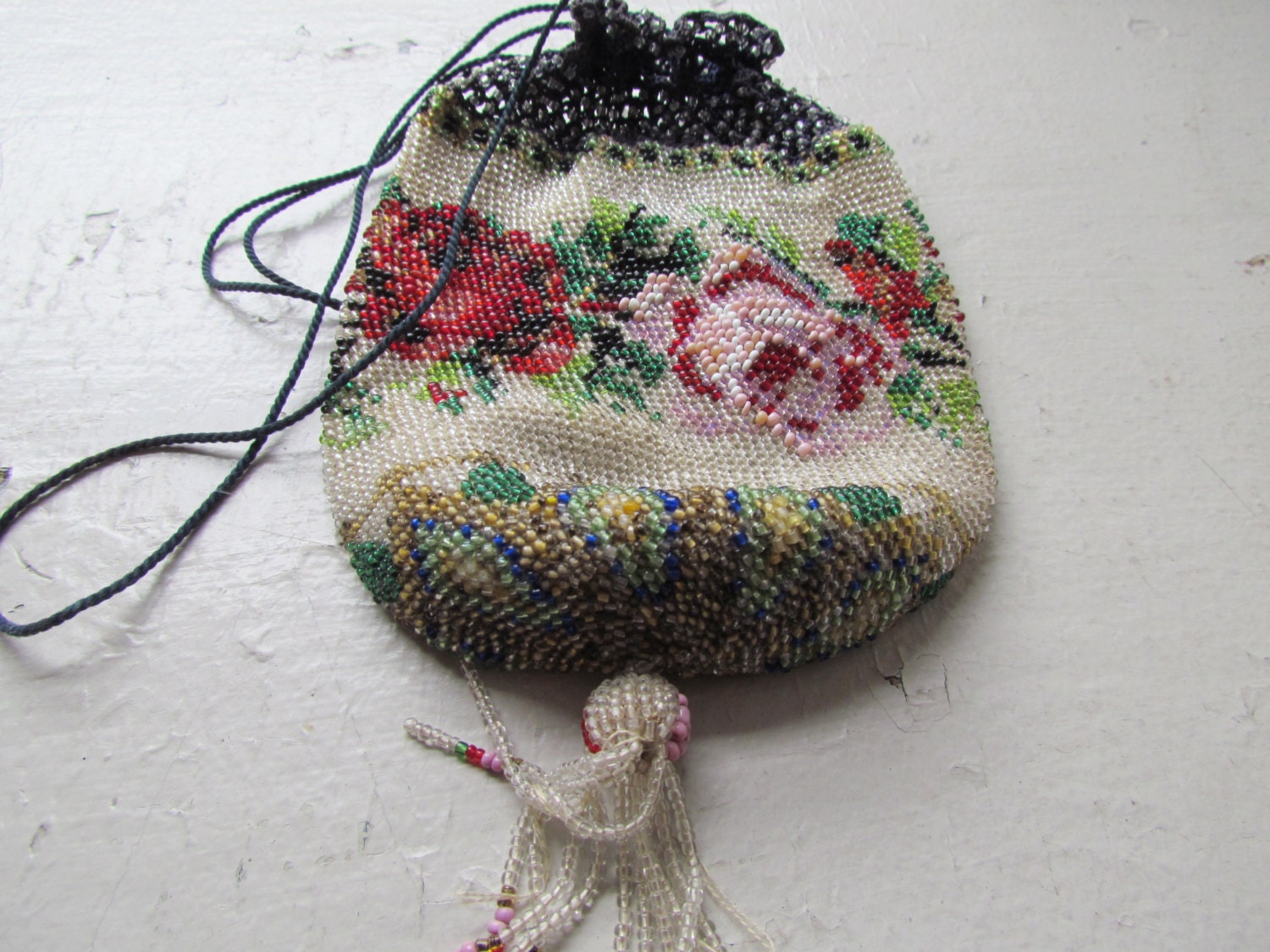 Antique Beaded Drawstring Purse With Rose Motif by LUXXORVintage