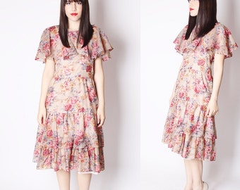60s Floral Ruffle Garden Rose Dress / 1960s Dresses / 60s Rose Dress / 1960s Rose Dresses / Ruffle Dress / 2273
