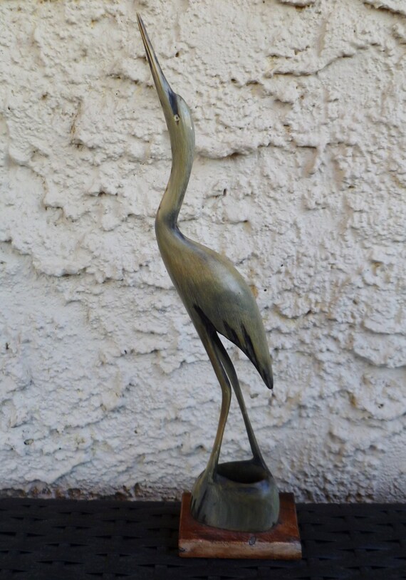 Carved Horn Heron or Crane. Bird Figure Statue. Vintage 1960s.