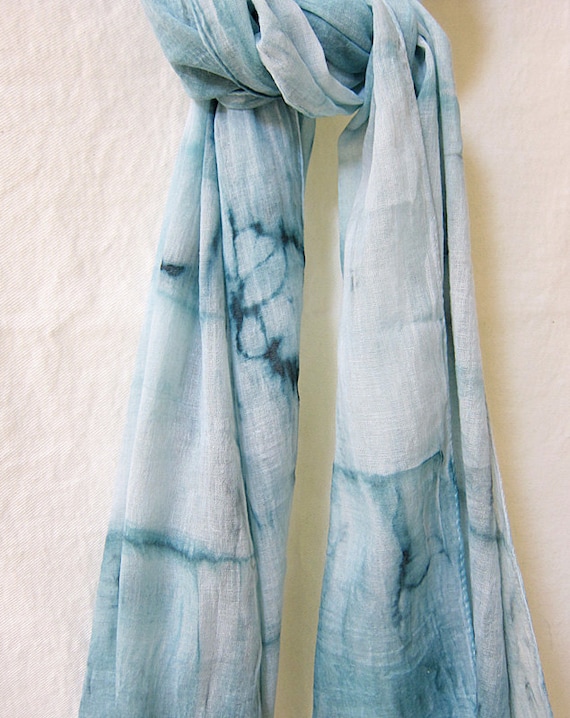 Shibori Scarf Aqua Blue Scarf Hand Dyed Cotton Turquoise watercolor Scarf  Lightweight  Hand Painted Resort Denim Blue