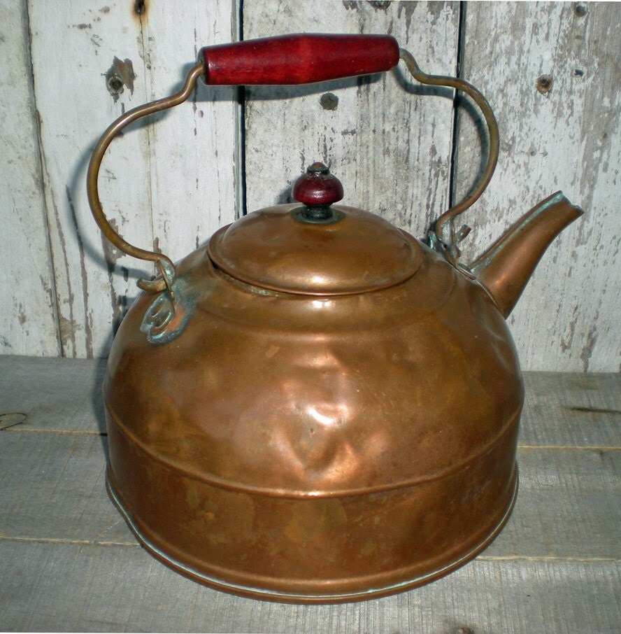 Copper Kettle Tea Pot coffee pot vintage wooden by bigredbarnbam