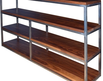 Floating Walnut and raw steel bookcase