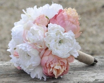 Silk Wedding Bouquet, Wedding Bouquet, Keepsake Bouquet, Bridal Bouquet, Blush Pink, Coral and Ivory Peony silk flower bouquet.