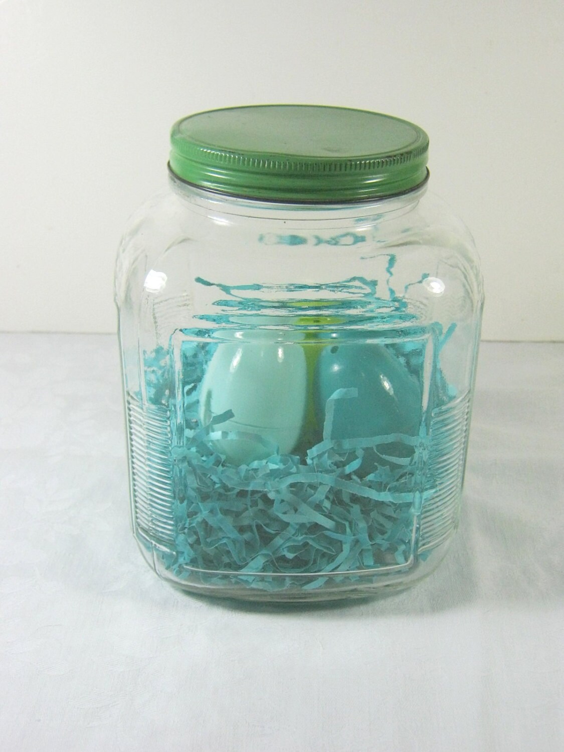 Vintage Hoosier Jar Kitchen Storage Glass w/ Green Lid