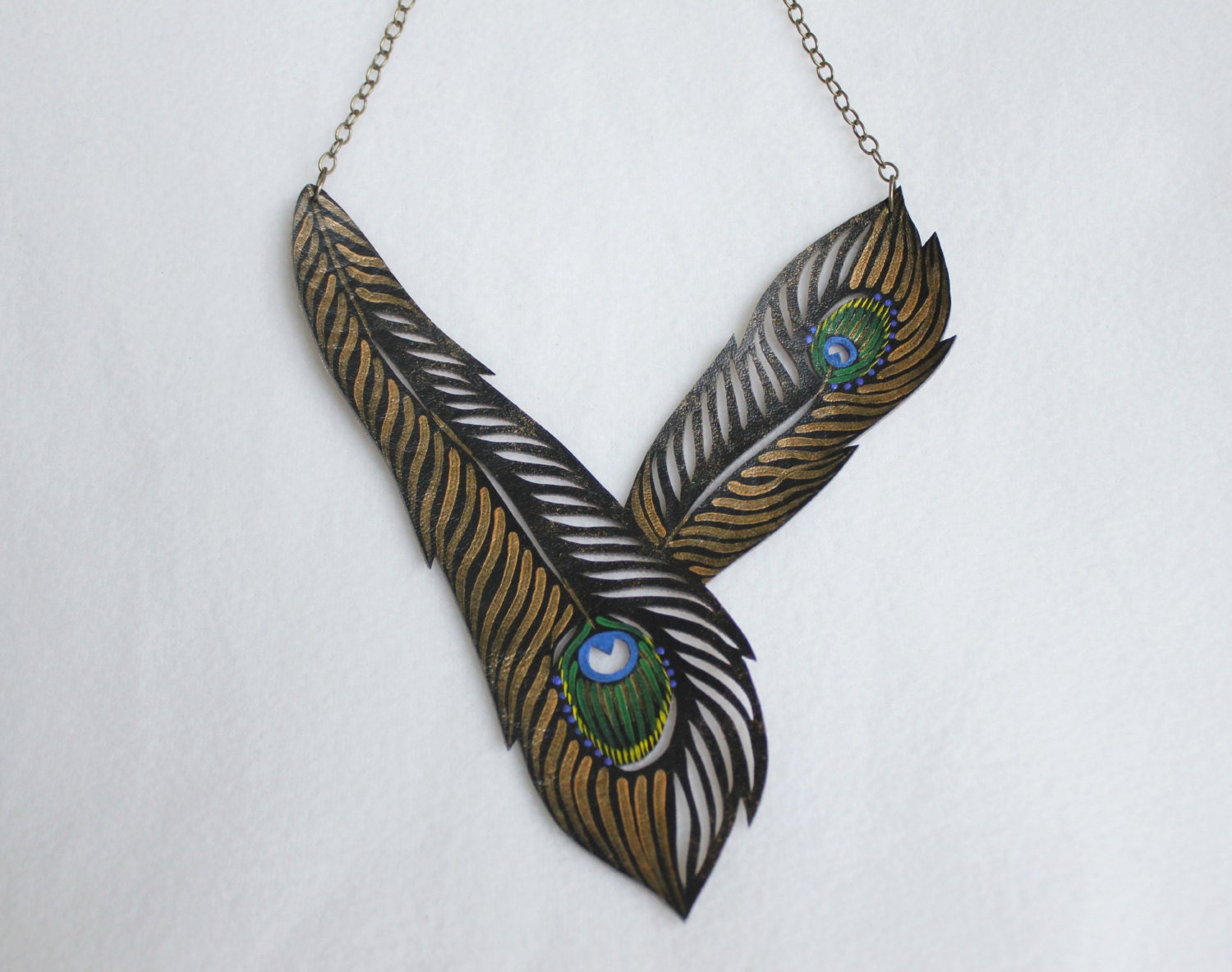Gold Peacock Feather Necklace Faux Leather Painted Necklace