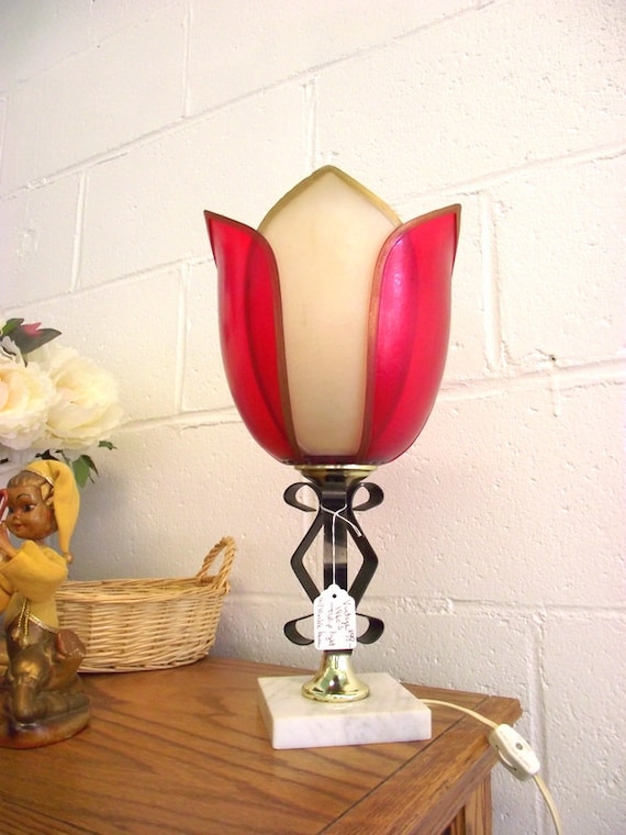 Tulip Lamp Mid Century TV Light Desk Table Red White & gold