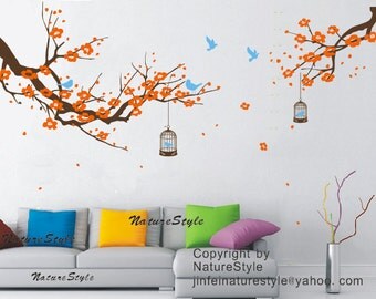 cherry blossom wall decals birds vinyl wall decals nursery wall decals tree wall mural cherry decor-Plum Blossom with Flying Birds