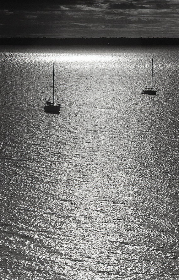 Items similar to Sailboat on the sea at sunset black and white film ...