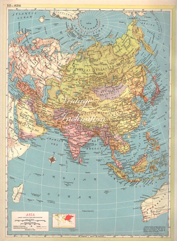 LARGE 1940s Antique Vintage Map Asia
