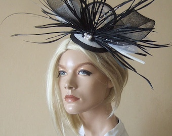 Black & White Ostrich Quills Swarovski Pearls Feathered Fascinator Hatinator - Ascot Hat Mother of the Bride Wedding Guest for the Races