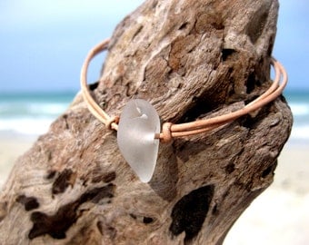 Hawaiian Clear Beach Glass on India Leather Cord Completely Adjustable & Stackable Bracelet