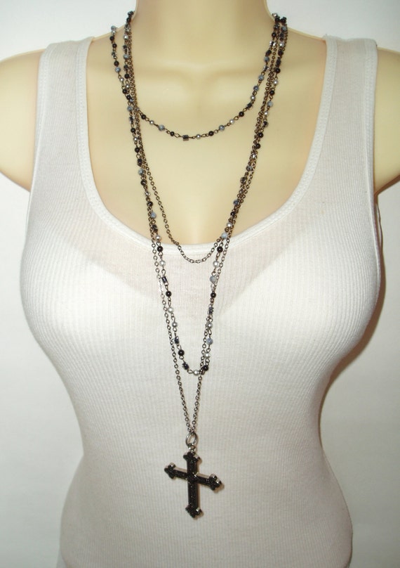 Multiple Chain Cross Pendant Necklace Many Chains Beaded