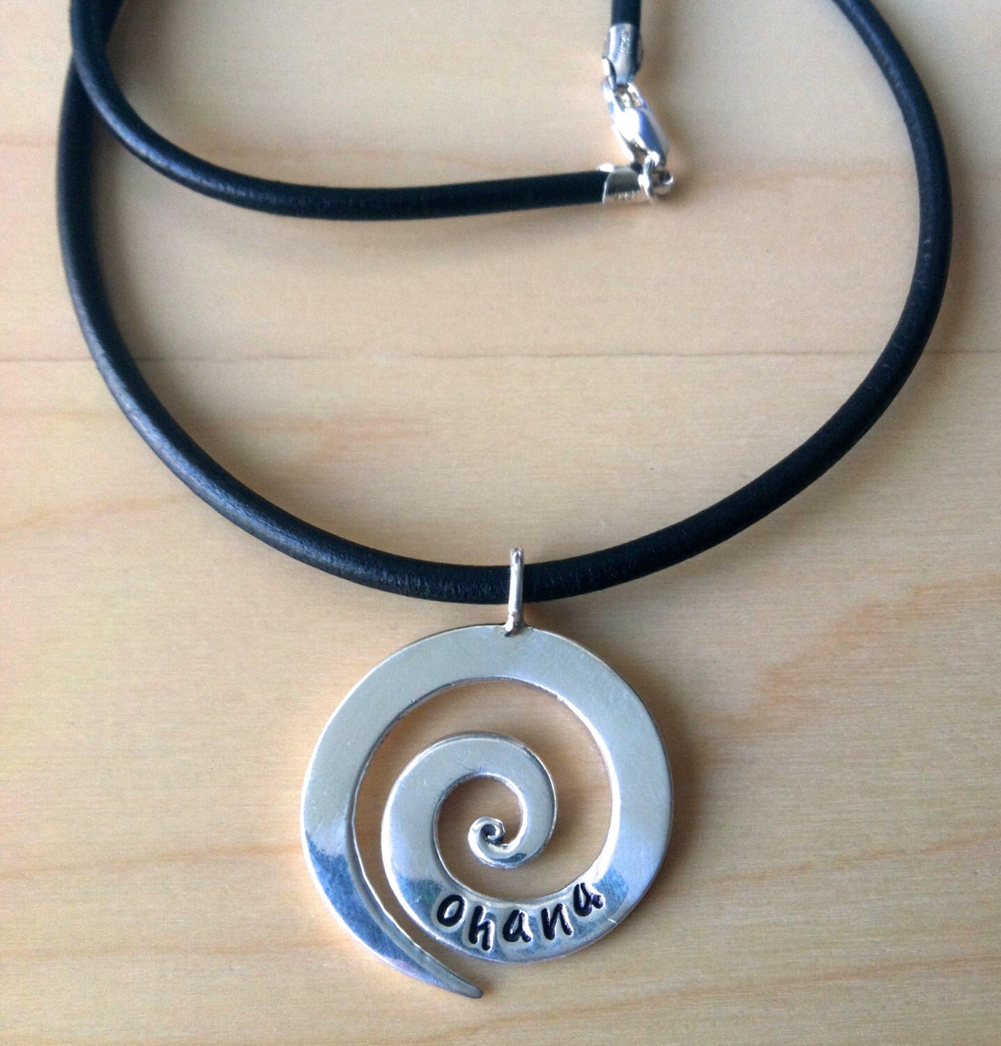 Sterling Silver Ohana Spiral Pendant Leather Necklace