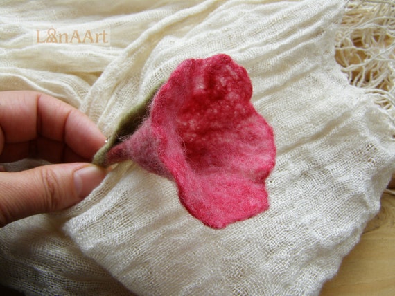 Pink red PETUNIA elegant flower brooch original by LanAArt