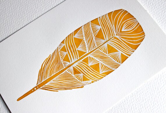 Feather Watercolor Painting One Golden Feather by RiverLuna