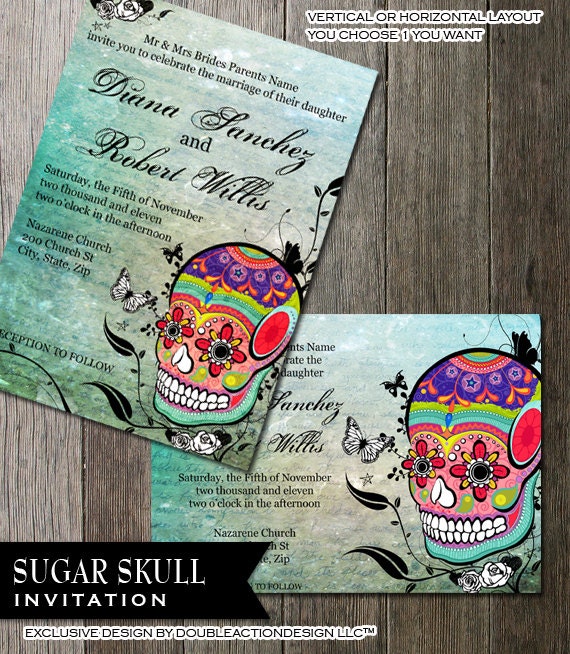 Muerte Sugar Skull Day Of The Dead Dia De Los Muertos Digital Printable Wedding Invitation Diy Skull Invitation Templates