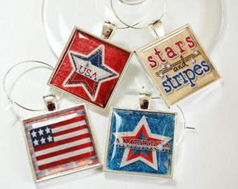 4th of July, Wine Charm, Wine Glass Charms, Stars and Stripes, Wine Charms, barware, entertaining, Independence Day, red white blue (2625)