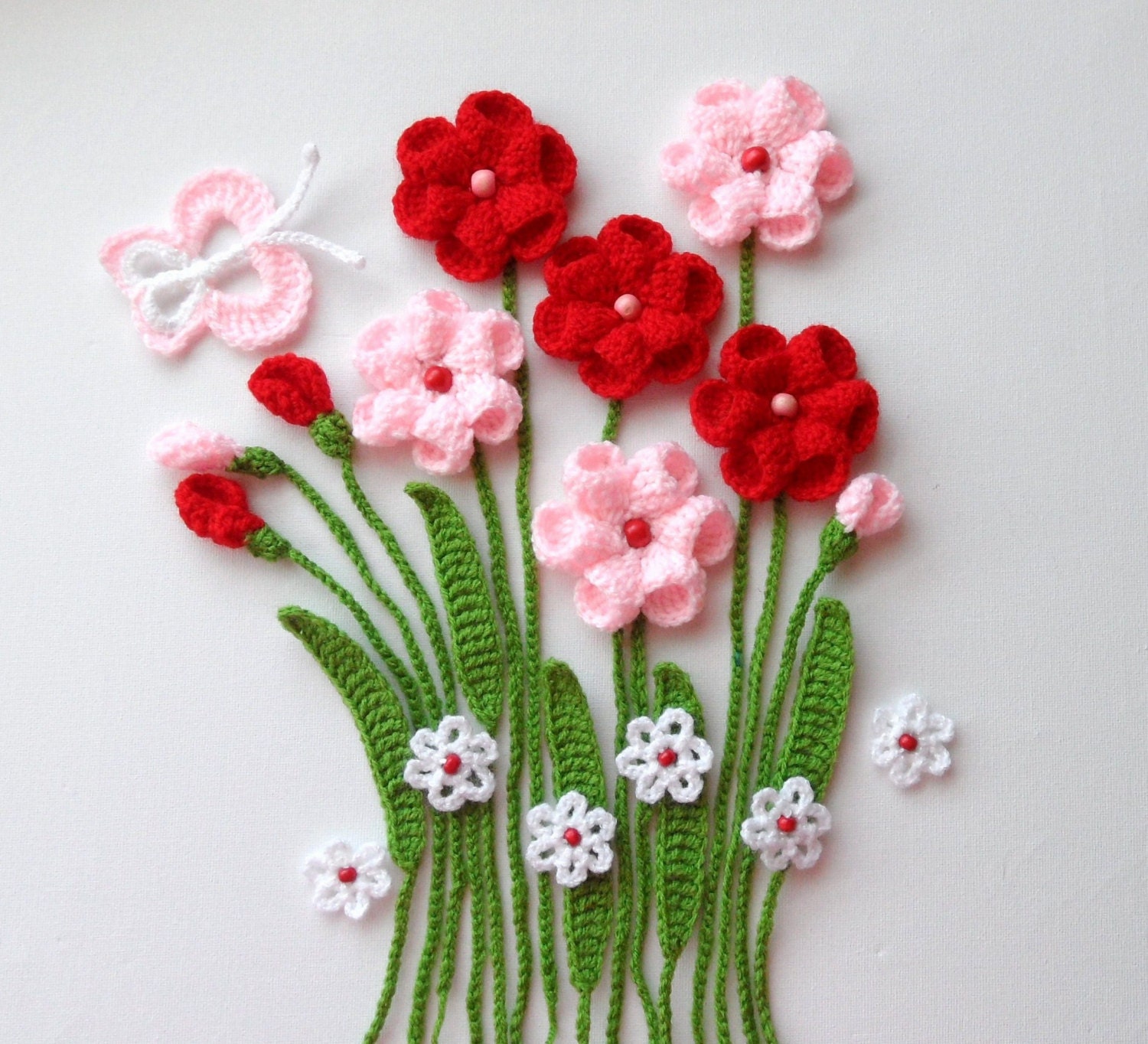 Crochet Applique Flowers and Leaves Set Flowers In The