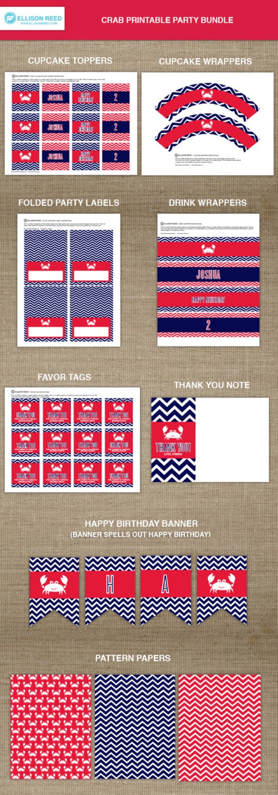 Crab Birthday - Crab Printable Party - Nautical Birthday - Nautical Printable - Chevron - Beach Birthday - 2nd birthday - First Birthday Il_570xn