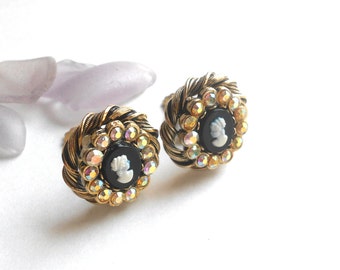 Vintage Cameo Earrings, aurora borealis Rhinestone Juliana Vintage Earrings