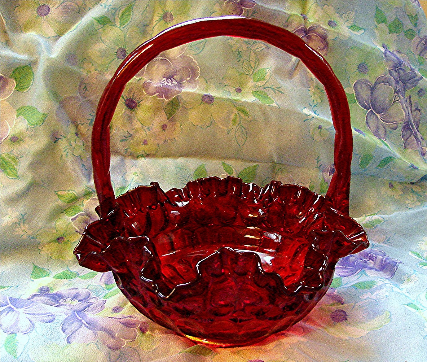 Vintage Fenton Basket Ruby Red Glass Thumbprint 9 Inches Tall