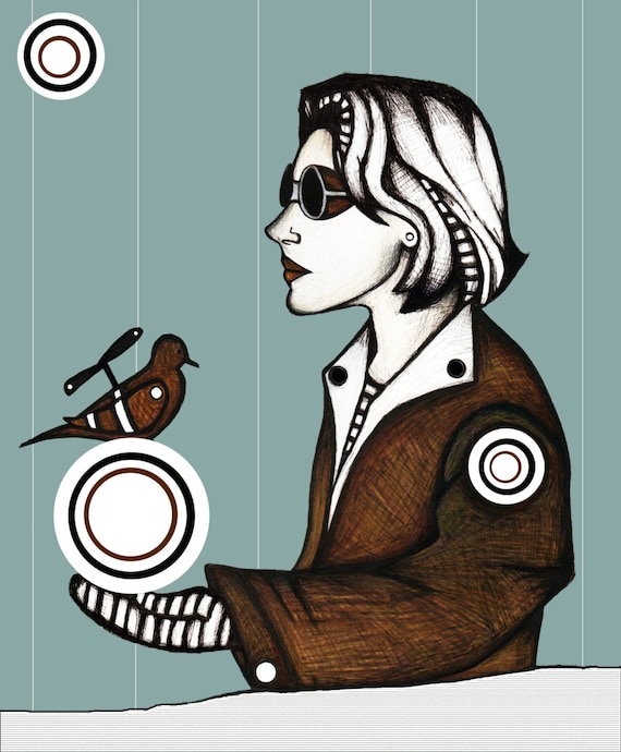 Steampunk Illustration, Drawing of Girl in Steampunk Glasses, Steampunk Bird, Cool Steampunk Chic by BrileeArtworks steampunk buy now online