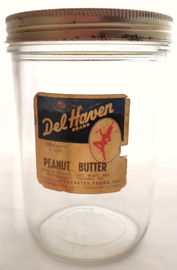 Vintage Large Clear Glass Peanut Butter Jar With Gold Screw On