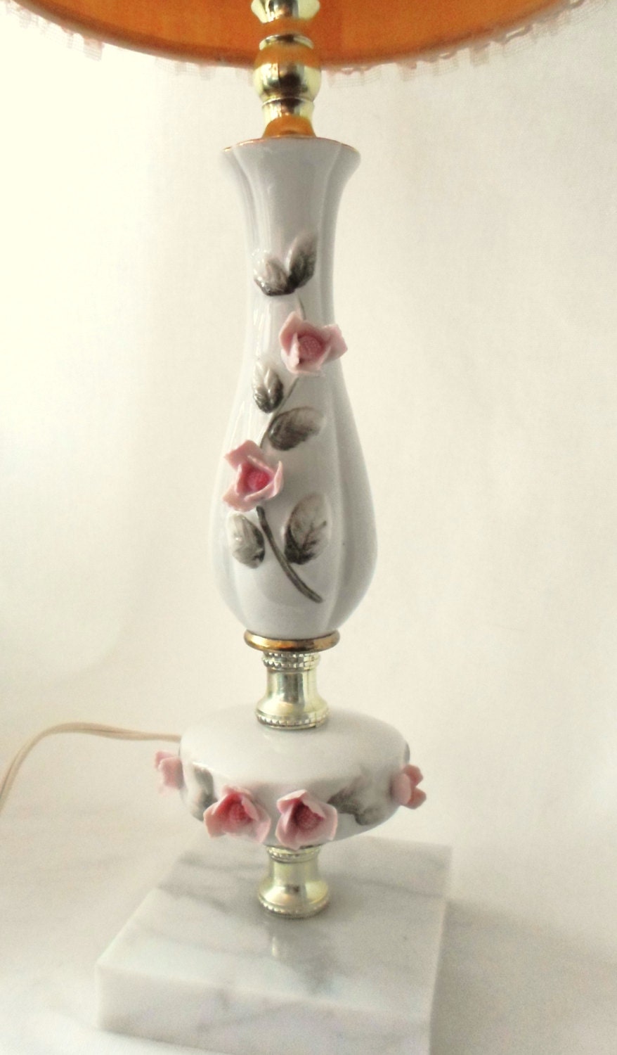 Vintage Porcelain Lamp With Pink Flowers Marble Base Gold