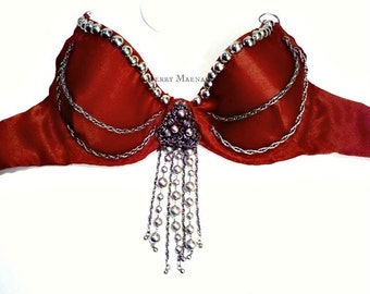 Bra for tribal fusion belly dance - size 34-36 D - cinnamon and silver. Women's tribal belly dance costume.