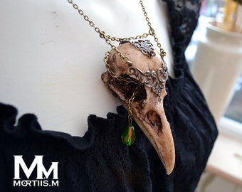 Animal-friendly WarriorCrow crow skull necklace pendant with Moss Green crystal by Mortiis.M
