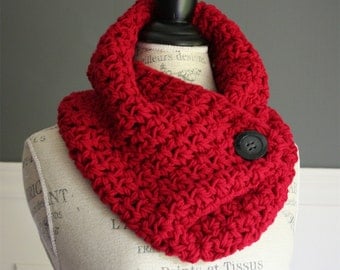 Red Cowl Neck Scarf with black button, crocheted