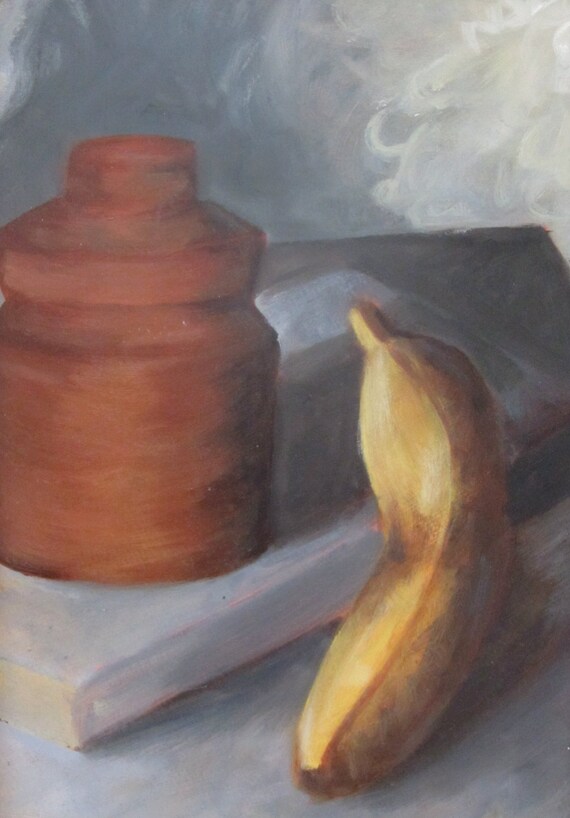Items similar to Still life Oil painting, Ceramic jar and a Banana, Home decor on Etsy