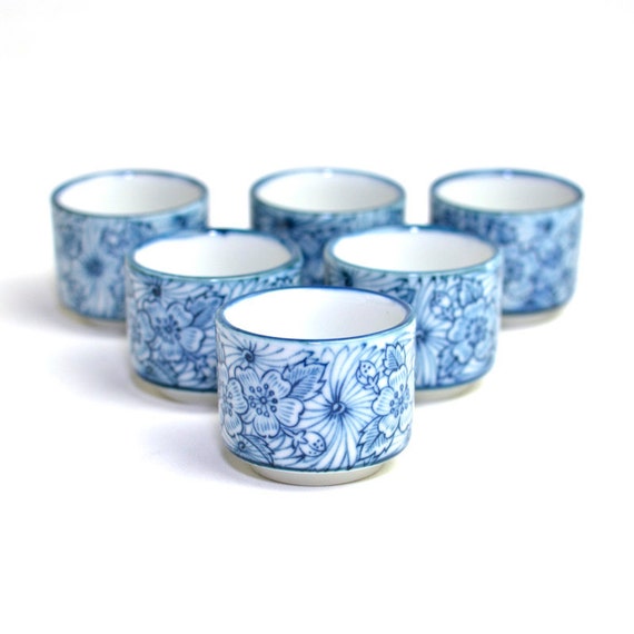 Sake Cups Set 6 Traditional Japanese Porcelain Miniature