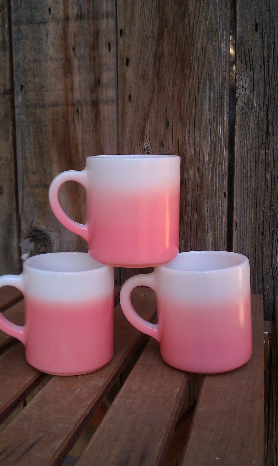 THREE Vintage  Ombre Pretty Pink Mugs  Anchor Hocking milk glass