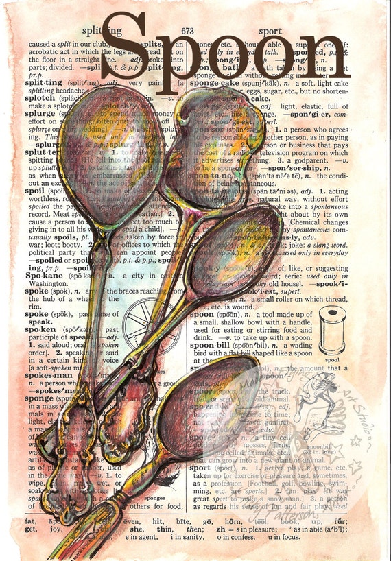 Items similar to PRINT Spoon Mixed Media Drawing on Distressed, Dictionary Page on Etsy